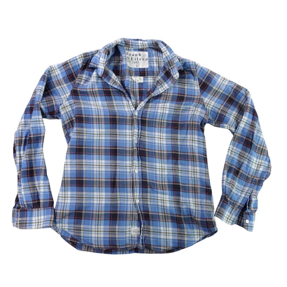 Frank & Eileen Barry Button Down Shirt Womens L Blue Plaid Italian Fabric 10934
